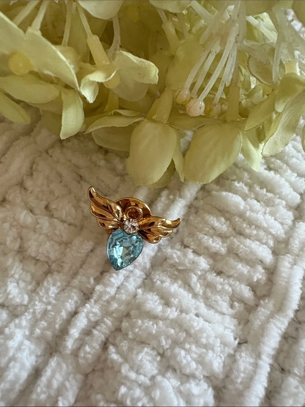 Gold Winged Brooch with Blue Teardrop Crystal